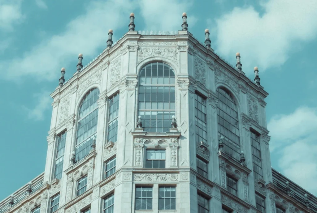 Historic Washington, DC office building with ornate classical architecture against a bright blue sky